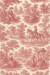 Motifs de toile de Jouy rouge illustrant des scènes champêtres d'autrefois.