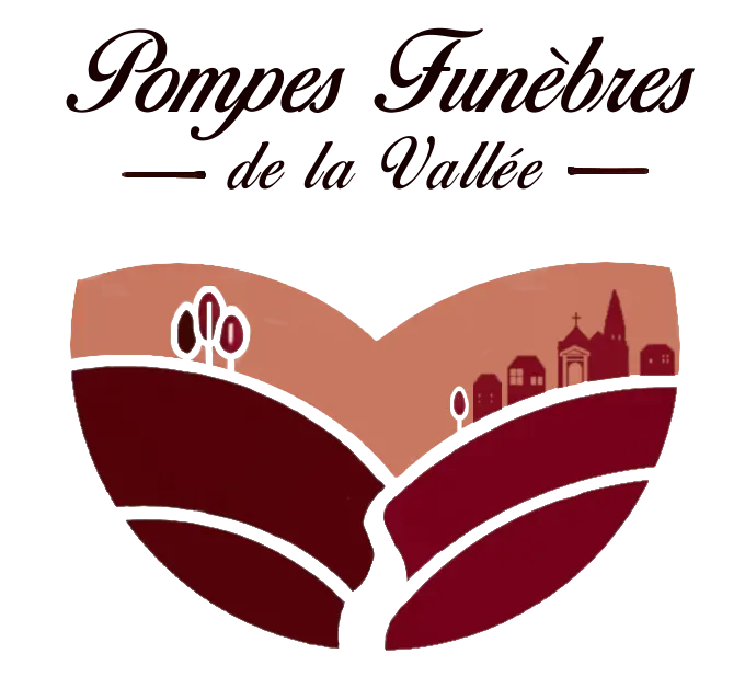 Logo des Pompes Funèbres de la Vallée illustrant un paysage vallonné et un village.
